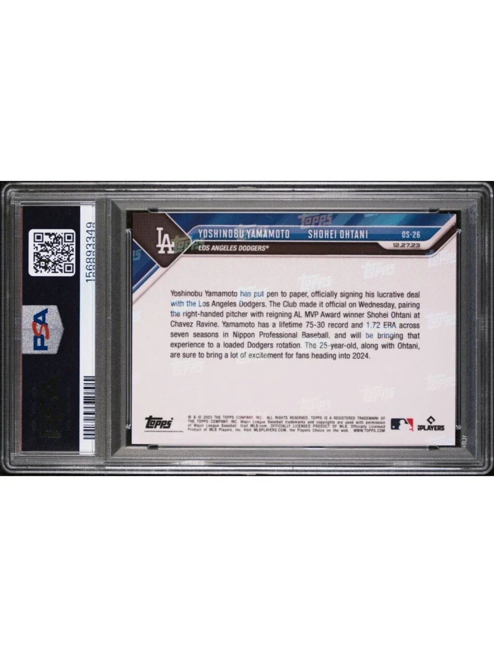 2023 Topps Now #OS26 Yoshinobu Yamamoto RC/Shohei Ohtani LA Dodgers PSA 10
